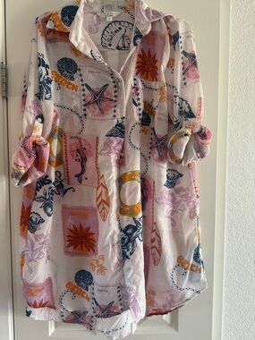 Live 4 Truth Coastal Print Button-Up Shirt - Pink, Navy & Orange cover Up Beach